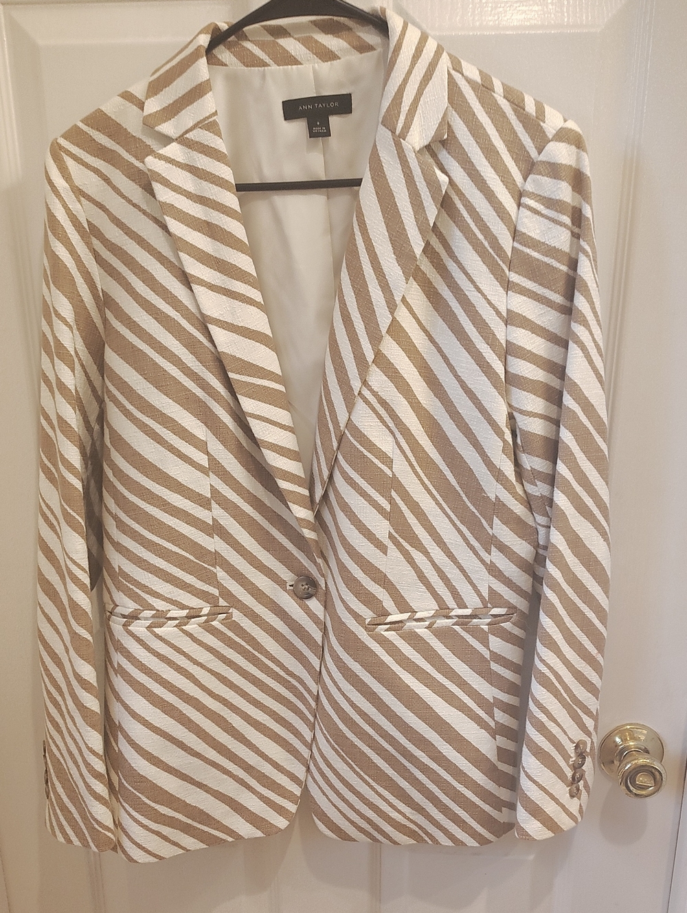 Ann Taylor Cotton Cream and Beige Striped Blazer 10